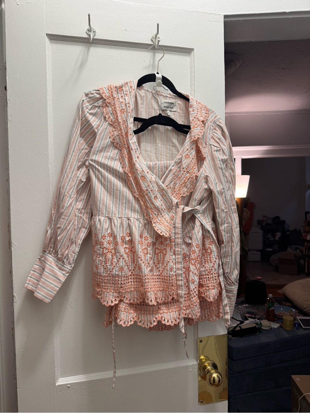Women's Pink Striped Lace-Trim Wrap Blouse with Matching Trouser